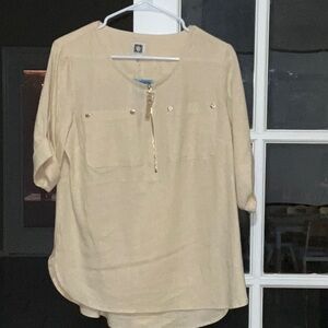 Anne Klein Tan Relaxed Blouse with Mandarin Collar